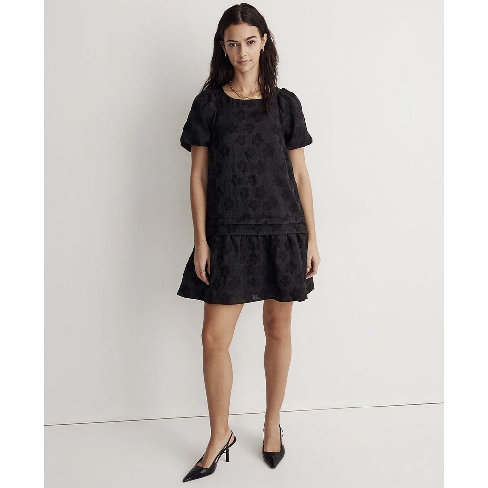 NWT Madewell Womens Puff Sleeve Pleated Mini‎ Dress XS Floral Jacquard Pockets - Picture 2 of 12